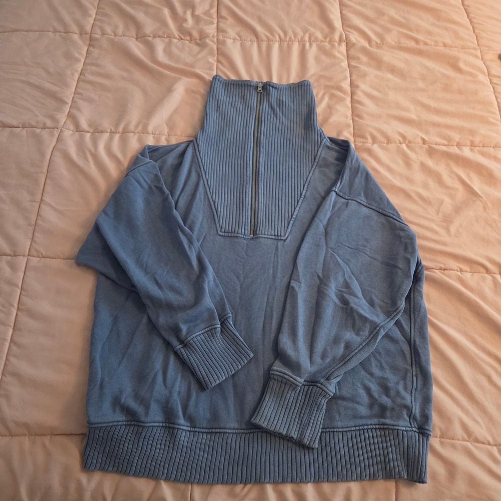 Aerie Womens Large Blue Ribbed Quarter Zip Pullover Sweatshirt Relaxed Fit